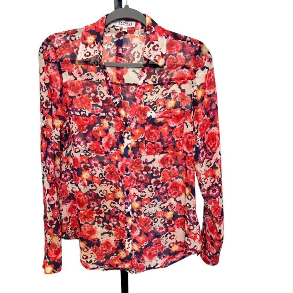 Express Portofino Roll Tab Sleeve Button Front Blouse Floral